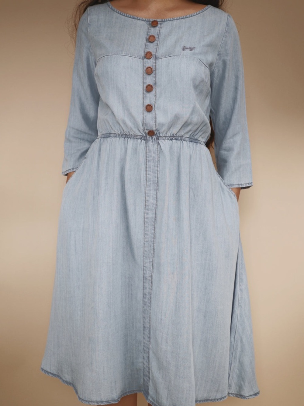 Light Wash Denim Midi Dress with Button Front
